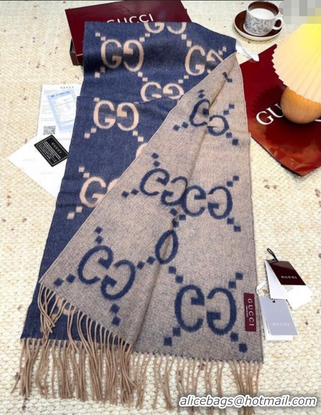 Luxury Cheap Gucci Cashmere Long Scarf 45x200cm GG091007 Blue/Beige 2025