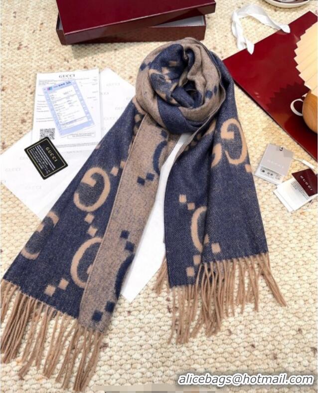 Luxury Cheap Gucci Cashmere Long Scarf 45x200cm GG091007 Blue/Beige 2025