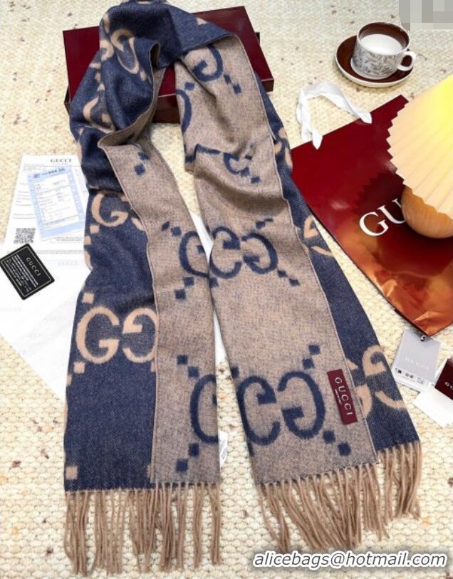 Luxury Cheap Gucci Cashmere Long Scarf 45x200cm GG091007 Blue/Beige 2025