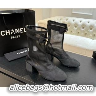 Perfect Chanel Mesh & Grosgrain Heel Ankle Boots 5cm with Bow Black 2025 G46703