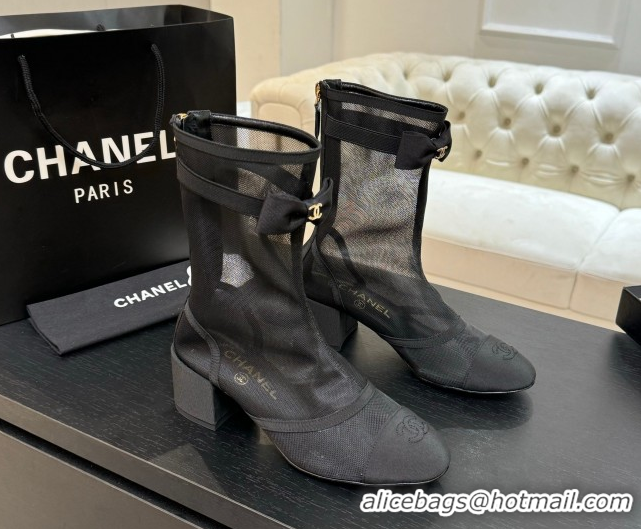 Perfect Chanel Mesh & Grosgrain Heel Ankle Boots 5cm with Bow Black 2025 G46703