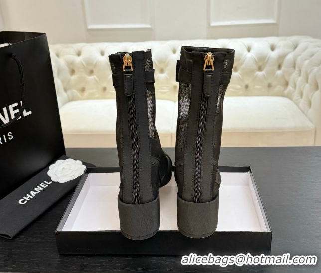 Perfect Chanel Mesh & Grosgrain Heel Ankle Boots 5cm with Bow Black 2025 G46703