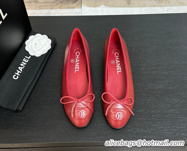 Stylish Chanel Classic Lambskin Leather Ballet Flats with Bow Red 50901001