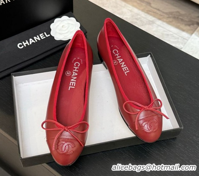 Stylish Chanel Classic Lambskin Leather Ballet Flats with Bow Red 50901001