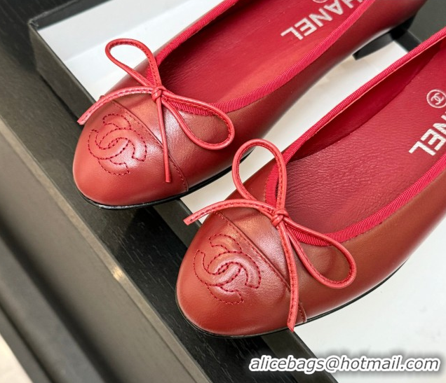 Stylish Chanel Classic Lambskin Leather Ballet Flats with Bow Red 50901001