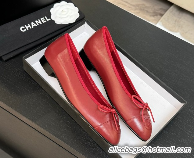 Stylish Chanel Classic Lambskin Leather Ballet Flats with Bow Red 50901001