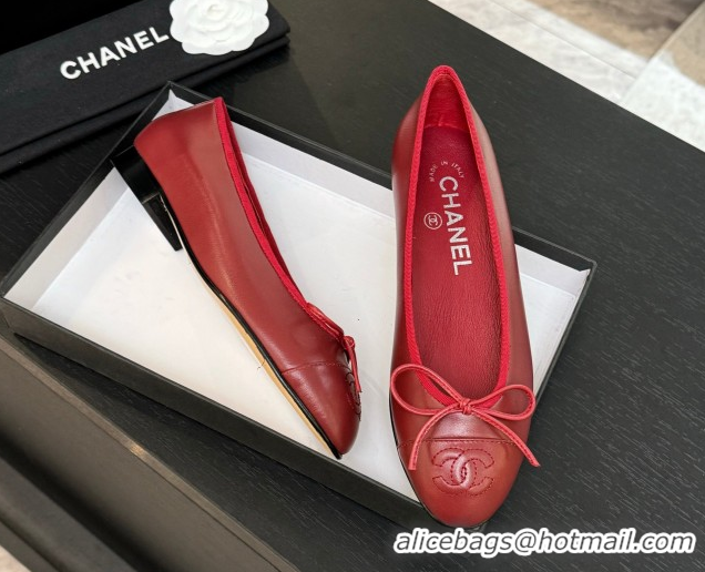 Stylish Chanel Classic Lambskin Leather Ballet Flats with Bow Red 50901001