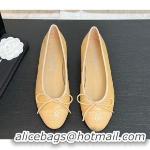 Sumptuous Chanel Classic Quilted Lambskin Ballet Flats with Bow Beige Yellow 50901003