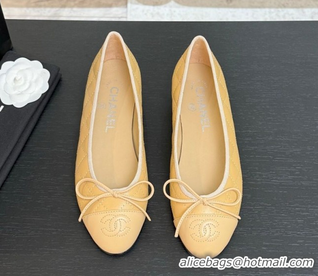 Sumptuous Chanel Classic Quilted Lambskin Ballet Flats with Bow Beige Yellow 50901003
