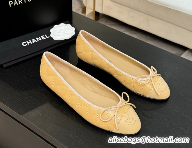 Sumptuous Chanel Classic Quilted Lambskin Ballet Flats with Bow Beige Yellow 50901003