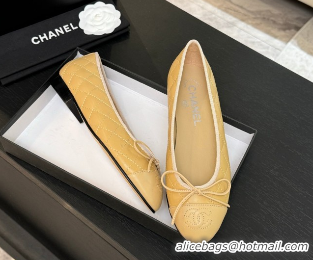 Sumptuous Chanel Classic Quilted Lambskin Ballet Flats with Bow Beige Yellow 50901003