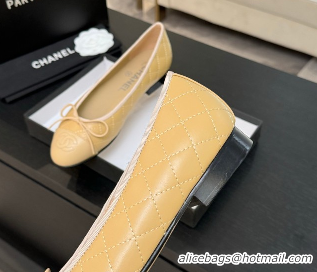 Sumptuous Chanel Classic Quilted Lambskin Ballet Flats with Bow Beige Yellow 50901003