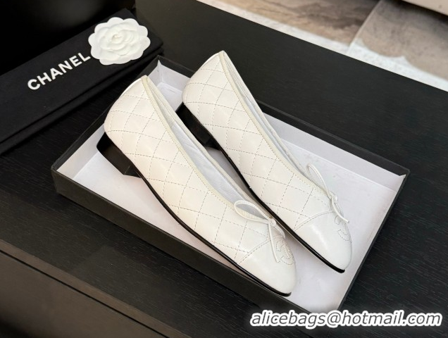 Popular Style Chanel Classic Quilted Lambskin Ballet Flats with Bow White 50901004