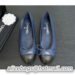 Classic Hot Chanel Classic Lambskin Leather Ballet Flats with Bow Navy Blue 50901005