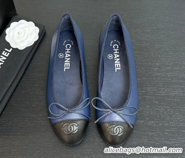 Classic Hot Chanel Classic Lambskin Leather Ballet Flats with Bow Navy Blue 50901005