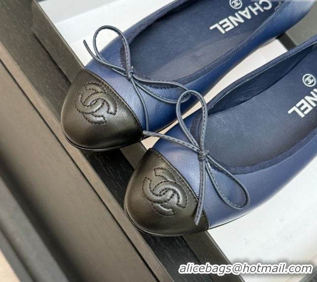 Classic Hot Chanel Classic Lambskin Leather Ballet Flats with Bow Navy Blue 50901005