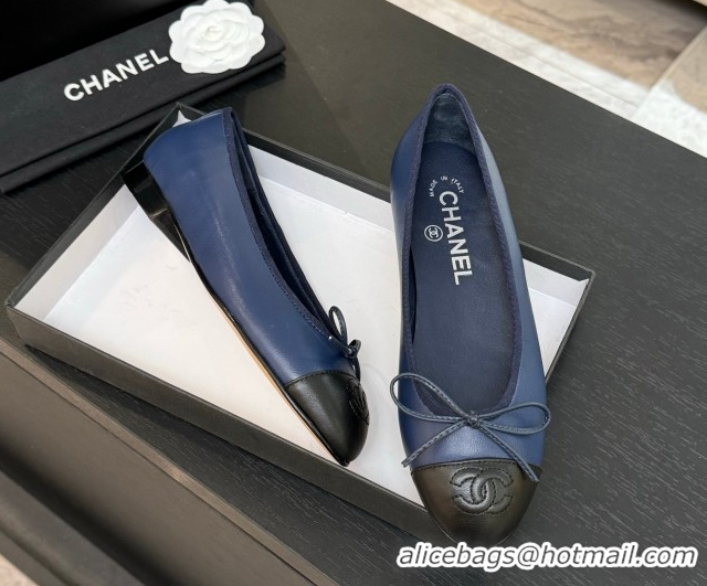 Classic Hot Chanel Classic Lambskin Leather Ballet Flats with Bow Navy Blue 50901005