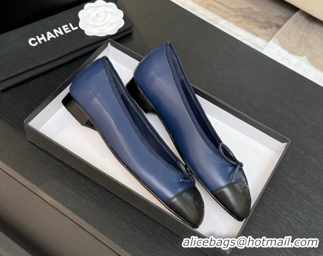 Classic Hot Chanel Classic Lambskin Leather Ballet Flats with Bow Navy Blue 50901005
