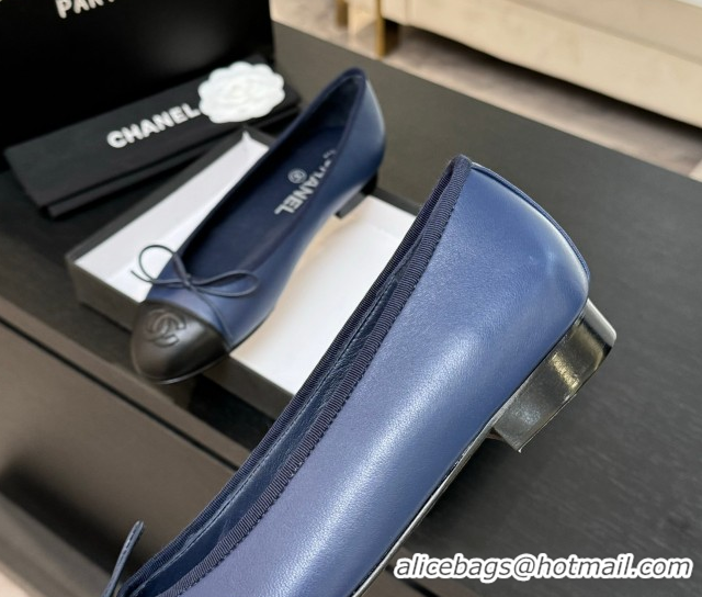 Classic Hot Chanel Classic Lambskin Leather Ballet Flats with Bow Navy Blue 50901005