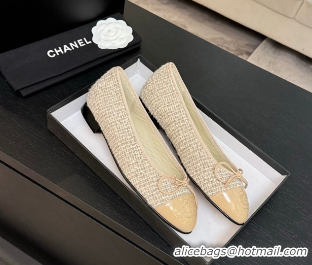 Durable Chanel Classic Tweed & Patent Calfskin Ballet Flats with Bow Nude/Beige 50901007