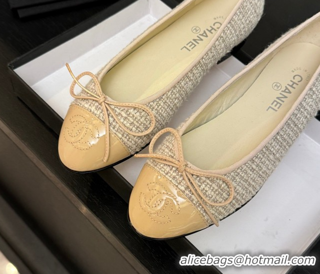 Durable Chanel Classic Tweed & Patent Calfskin Ballet Flats with Bow Nude/Beige 50901007