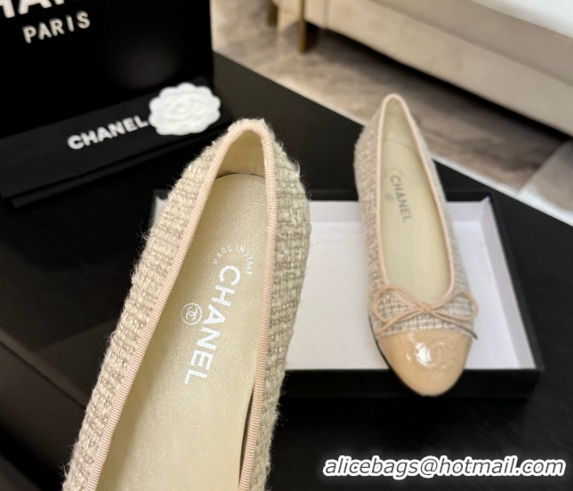 Durable Chanel Classic Tweed & Patent Calfskin Ballet Flats with Bow Nude/Beige 50901007