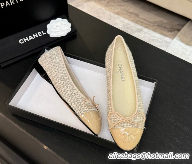 Durable Chanel Classic Tweed & Patent Calfskin Ballet Flats with Bow Nude/Beige 50901007