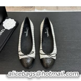 Good Looking Chanel Classic Tweed & Lambskin Leather Ballet Flats with Bow Black/White/Grey 50901008