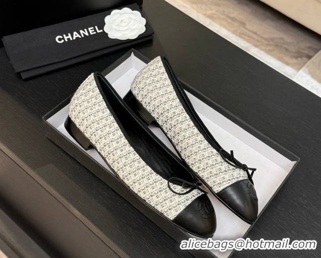 Good Looking Chanel Classic Tweed & Lambskin Leather Ballet Flats with Bow Black/White/Grey 50901008