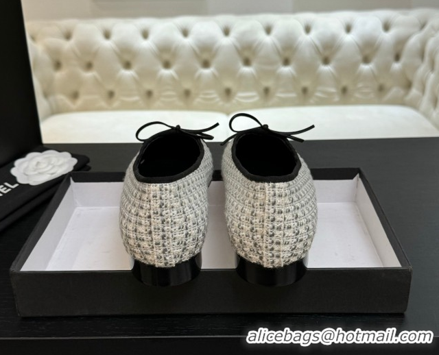 Good Looking Chanel Classic Tweed & Lambskin Leather Ballet Flats with Bow Black/White/Grey 50901008