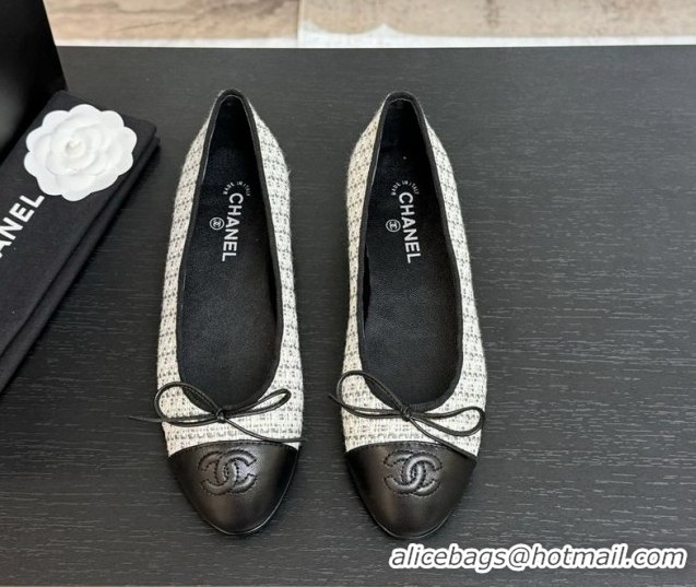 Good Looking Chanel Classic Tweed & Lambskin Leather Ballet Flats with Bow Black/White/Grey 50901008