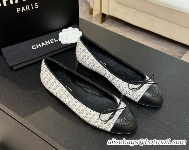 Good Looking Chanel Classic Tweed & Lambskin Leather Ballet Flats with Bow Black/White/Grey 50901008