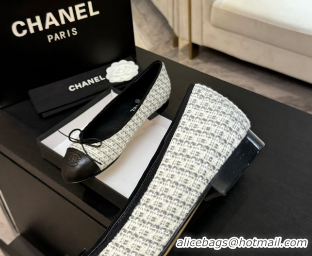 Good Looking Chanel Classic Tweed & Lambskin Leather Ballet Flats with Bow Black/White/Grey 50901008