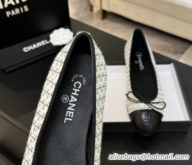Good Looking Chanel Classic Tweed & Lambskin Leather Ballet Flats with Bow Black/White/Grey 50901008