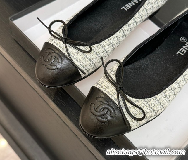 Good Looking Chanel Classic Tweed & Lambskin Leather Ballet Flats with Bow Black/White/Grey 50901008