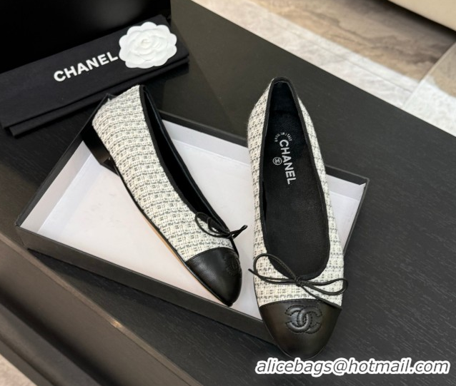 Good Looking Chanel Classic Tweed & Lambskin Leather Ballet Flats with Bow Black/White/Grey 50901008