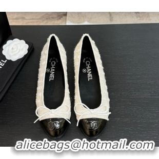 Luxurious Chanel Classic Tweed & Patent Calfskin Ballet Flats with Bow White/Black 50901010
