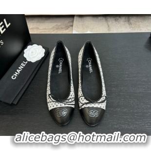 Best Product Chanel Classic Tweed & Lambskin Leather Ballet Flats with Bow Black/White 50901011