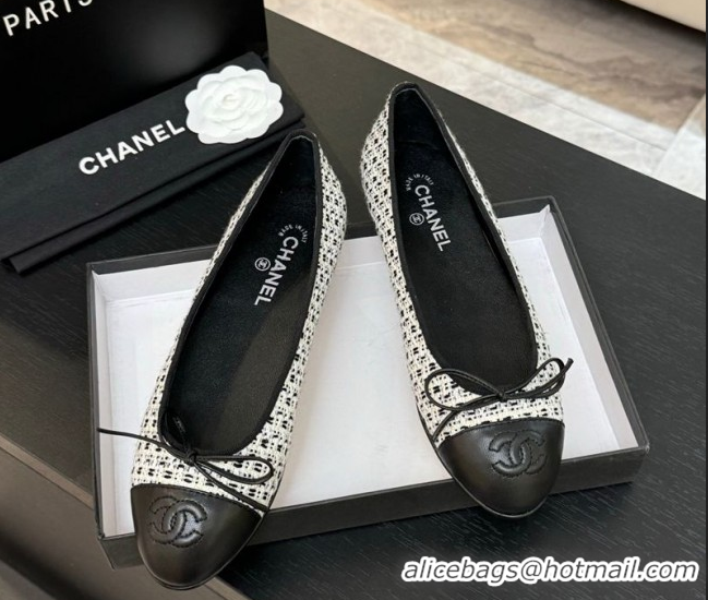 Best Product Chanel Classic Tweed & Lambskin Leather Ballet Flats with Bow Black/White 50901011