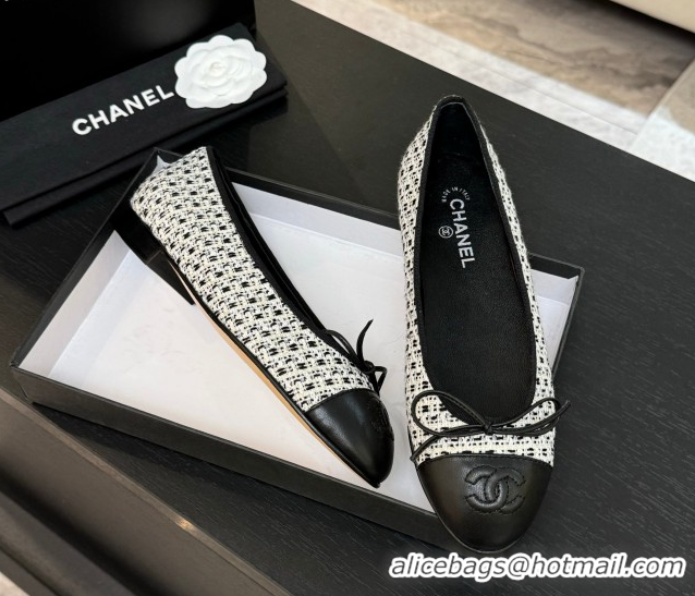 Best Product Chanel Classic Tweed & Lambskin Leather Ballet Flats with Bow Black/White 50901011