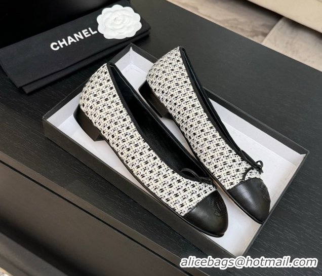 Best Product Chanel Classic Tweed & Lambskin Leather Ballet Flats with Bow Black/White 50901011