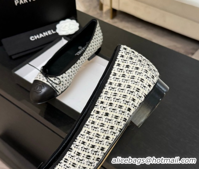 Best Product Chanel Classic Tweed & Lambskin Leather Ballet Flats with Bow Black/White 50901011