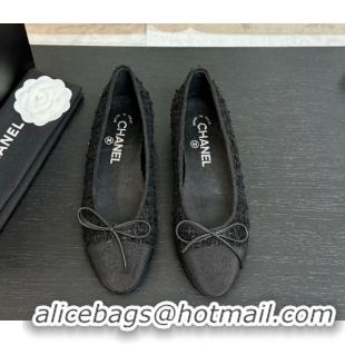 Good Product Chanel Classic Tweed & Grosgrain Ballet Flats with Bow Black 50901012