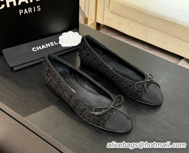 Good Product Chanel Classic Tweed & Grosgrain Ballet Flats with Bow Black 50901012