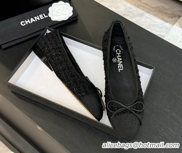 Good Product Chanel Classic Tweed & Grosgrain Ballet Flats with Bow Black 50901012