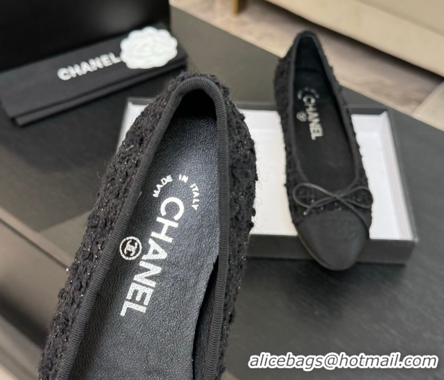 Good Product Chanel Classic Tweed & Grosgrain Ballet Flats with Bow Black 50901012
