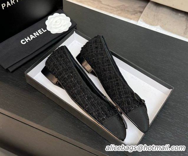 Good Product Chanel Classic Tweed & Grosgrain Ballet Flats with Bow Black 50901012