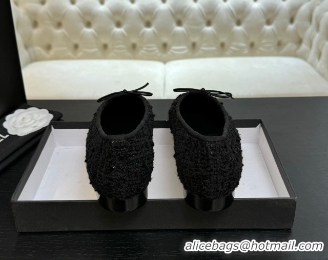 Good Product Chanel Classic Tweed & Grosgrain Ballet Flats with Bow Black 50901012