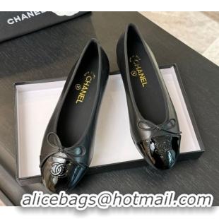 Good Quality Chanel Classic Quilted CC Lambskin & Patent Calfskin Ballet Flats with Bow Black 50901014