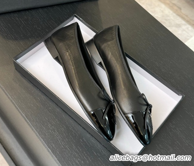 Good Quality Chanel Classic Quilted CC Lambskin & Patent Calfskin Ballet Flats with Bow Black 50901014